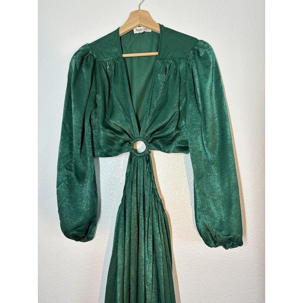 Peach Love California Dress Womens M Green Satin Cutout Ring Maxi Gown Fairy - Picture 4 of 16